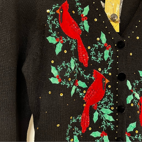 Christmas Cardigan embroidered Appliquéd Sequins Beaded Cardinals Size PM NWT - Picture 4 of 16
